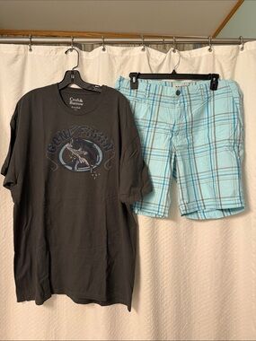 croft & barrow Black Graphic Tee with Light Blue Plaid Shorts